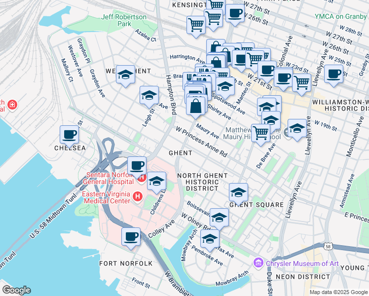 map of restaurants, bars, coffee shops, grocery stores, and more near 1014 Colley Avenue in Norfolk