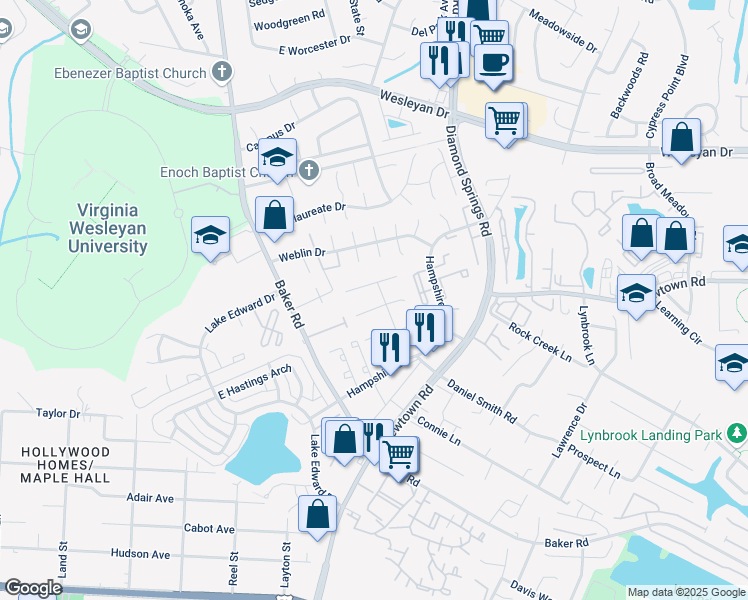map of restaurants, bars, coffee shops, grocery stores, and more near 5638 Caxton Court in Virginia Beach