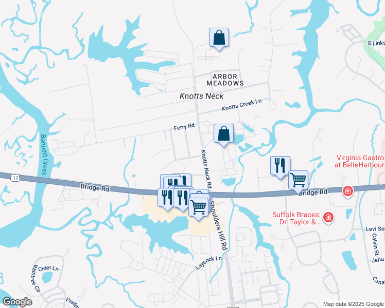map of restaurants, bars, coffee shops, grocery stores, and more near 5900 Wayne Avenue in Suffolk