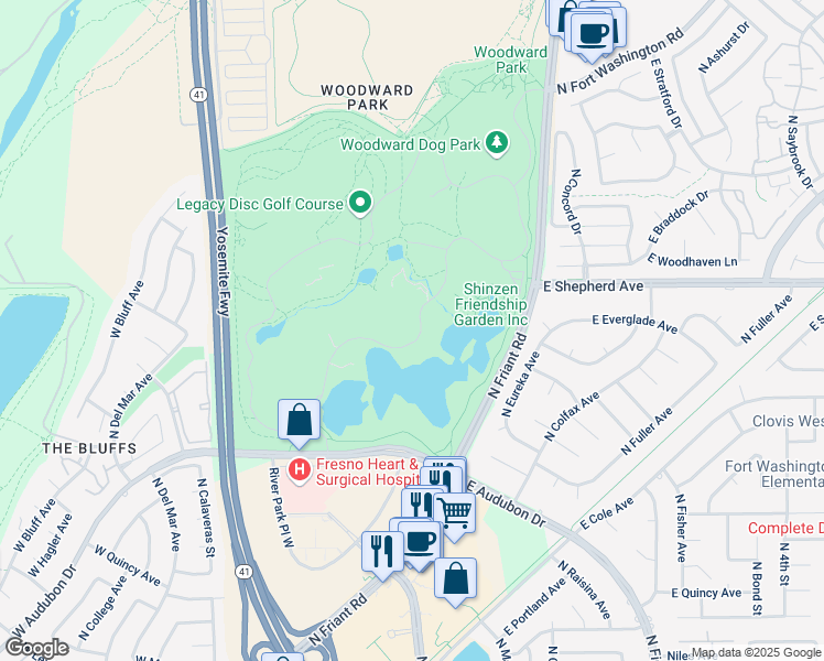 map of restaurants, bars, coffee shops, grocery stores, and more near Yosemite Road in Fresno