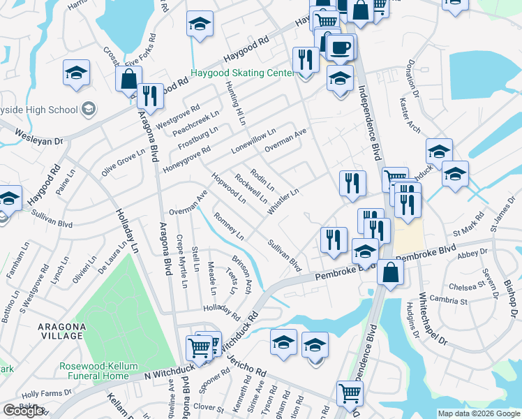 map of restaurants, bars, coffee shops, grocery stores, and more near 852 Rockwell Lane in Virginia Beach