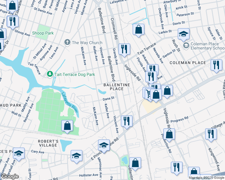 map of restaurants, bars, coffee shops, grocery stores, and more near 2440 Ballentine Boulevard in Norfolk