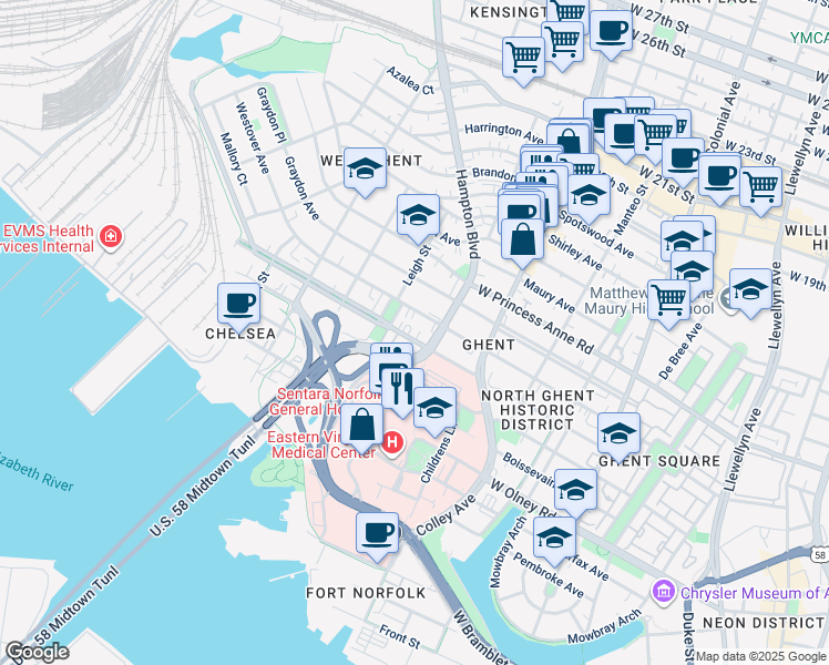 map of restaurants, bars, coffee shops, grocery stores, and more near 1005 Hampton Boulevard in Norfolk