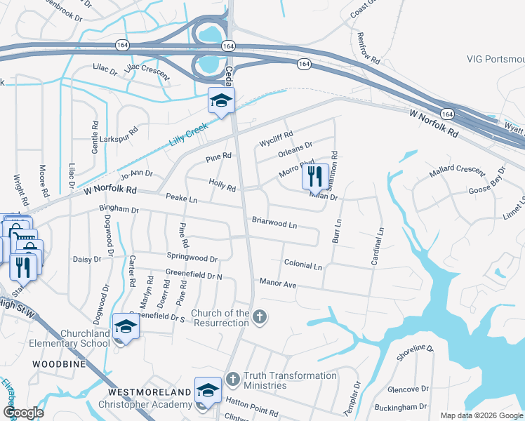map of restaurants, bars, coffee shops, grocery stores, and more near 4909 Holly Road in Portsmouth
