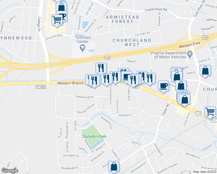 map of restaurants, bars, coffee shops, grocery stores, and more near 3590 Forest Haven Lane in Chesapeake