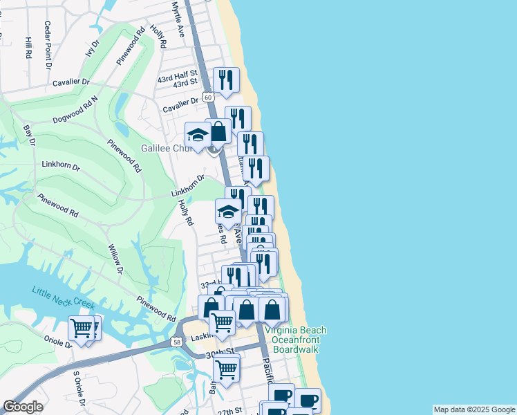 map of restaurants, bars, coffee shops, grocery stores, and more near 3615 Atlantic Avenue in Virginia Beach