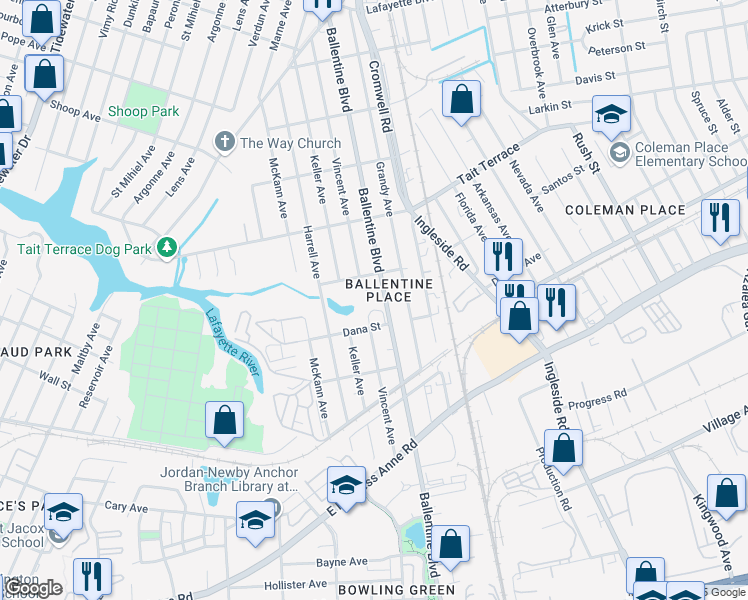 map of restaurants, bars, coffee shops, grocery stores, and more near 2415 Ballentine Boulevard in Norfolk
