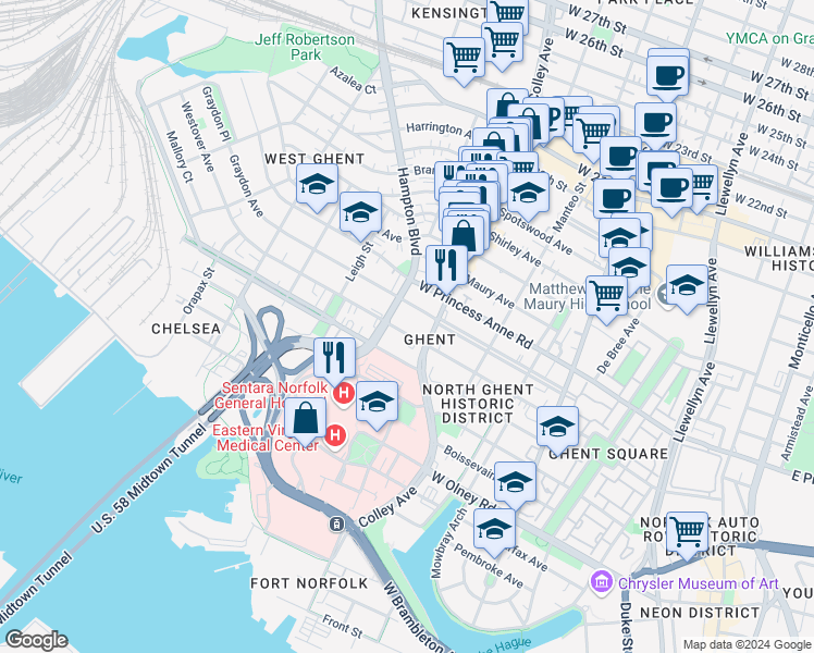 map of restaurants, bars, coffee shops, grocery stores, and more near 816 Westover Avenue in Norfolk