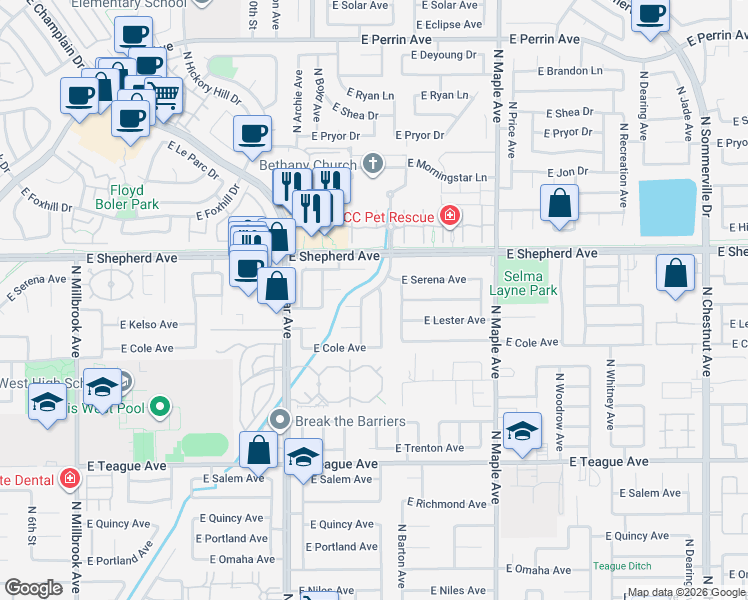 map of restaurants, bars, coffee shops, grocery stores, and more near 1737 East Serena Avenue in Fresno