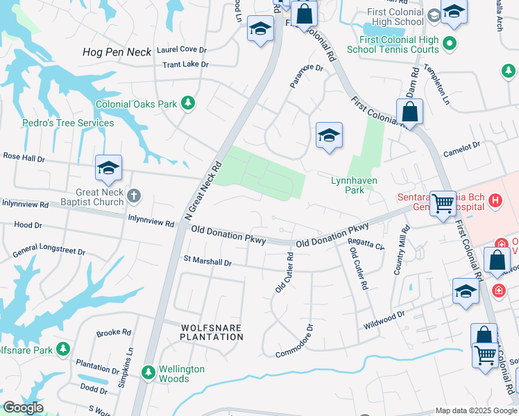 map of restaurants, bars, coffee shops, grocery stores, and more near 1110 North Great Neck Road in Virginia Beach