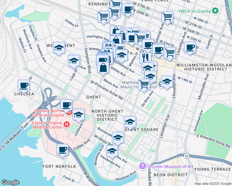 map of restaurants, bars, coffee shops, grocery stores, and more near 634 West Princess Anne Road in Norfolk