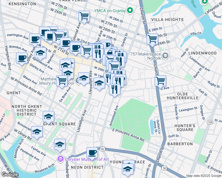 map of restaurants, bars, coffee shops, grocery stores, and more near 111 East 18th Street in Norfolk