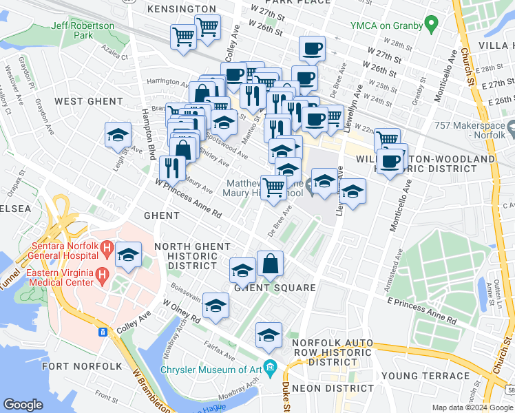 map of restaurants, bars, coffee shops, grocery stores, and more near 1310 Stockley Gardens in Norfolk
