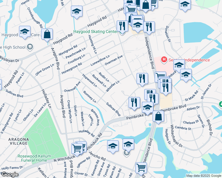map of restaurants, bars, coffee shops, grocery stores, and more near 4749 Whistler Lane in Virginia Beach