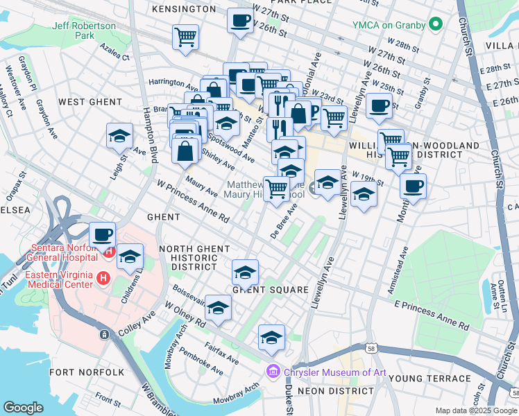 map of restaurants, bars, coffee shops, grocery stores, and more near 1315 Colonial Avenue in Norfolk