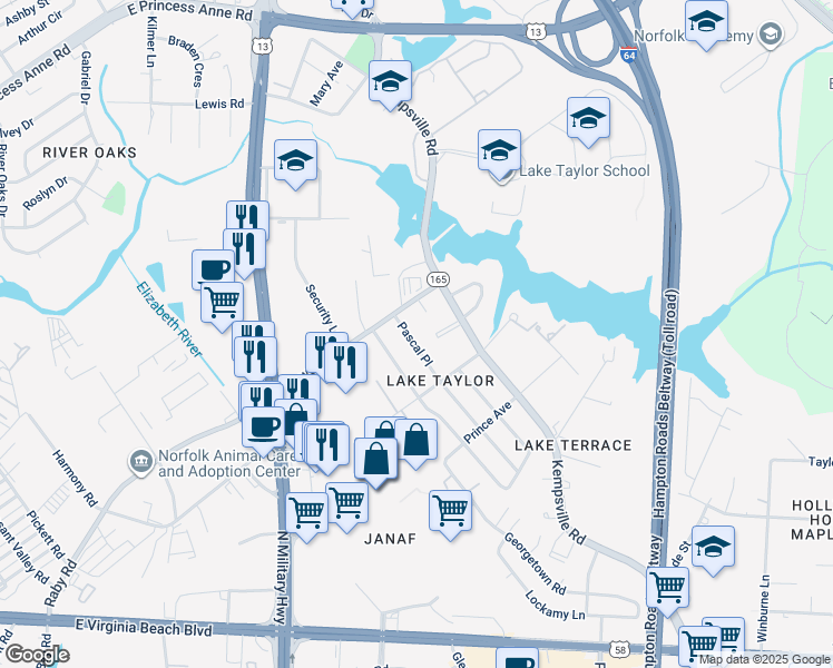map of restaurants, bars, coffee shops, grocery stores, and more near 1222 Pascal Place in Norfolk