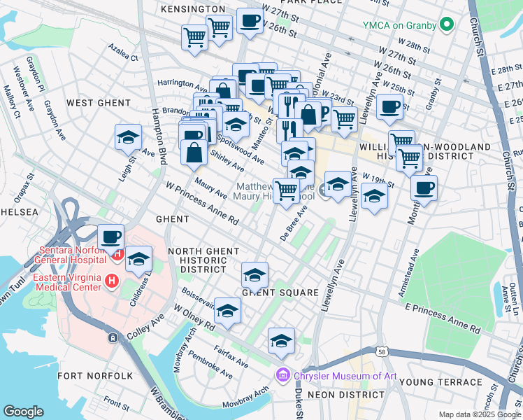 map of restaurants, bars, coffee shops, grocery stores, and more near 1308 Stockley Gardens in Norfolk