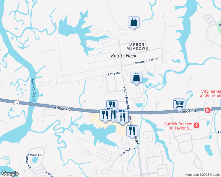 map of restaurants, bars, coffee shops, grocery stores, and more near 5913 Wayne Avenue in Suffolk