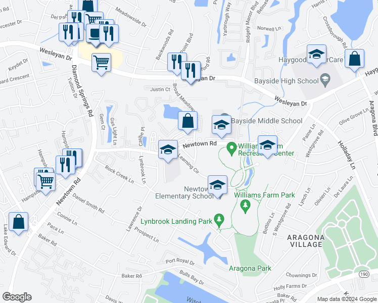 map of restaurants, bars, coffee shops, grocery stores, and more near 5403 Woburn Lane in Virginia Beach