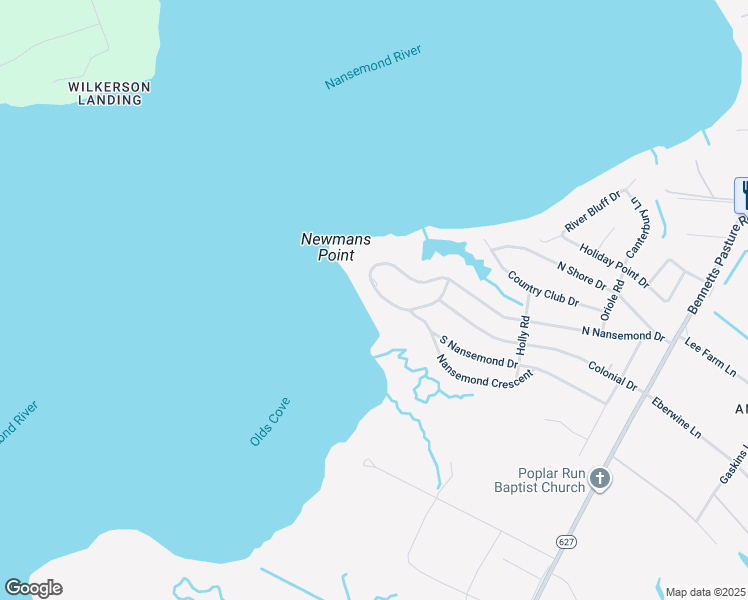 map of restaurants, bars, coffee shops, grocery stores, and more near 2613 South Nansemond Drive in Suffolk