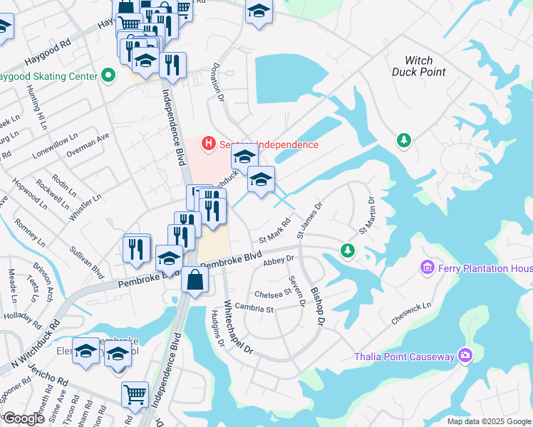 map of restaurants, bars, coffee shops, grocery stores, and more near 820 Cathedral Drive in Virginia Beach