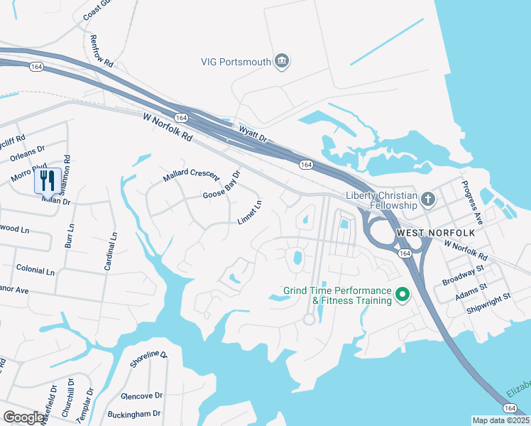 map of restaurants, bars, coffee shops, grocery stores, and more near 36 Lantern Way in Portsmouth