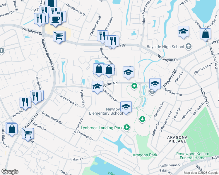 map of restaurants, bars, coffee shops, grocery stores, and more near 5403 Woburn Lane in Virginia Beach