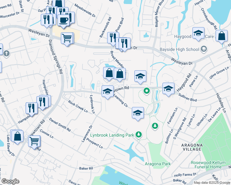 map of restaurants, bars, coffee shops, grocery stores, and more near 5403 Woburn Lane in Virginia Beach