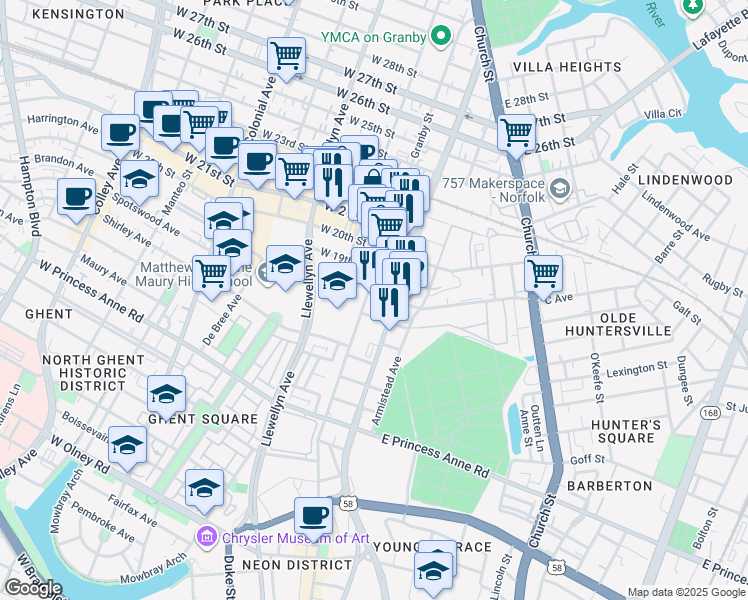 map of restaurants, bars, coffee shops, grocery stores, and more near 108 East 18th Street in Norfolk