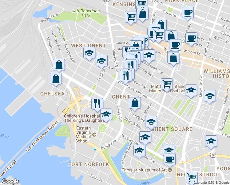 map of restaurants, bars, coffee shops, grocery stores, and more near 825 Graydon Avenue in Norfolk