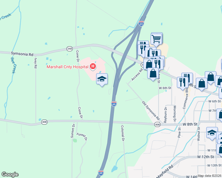 map of restaurants, bars, coffee shops, grocery stores, and more near 468 Old Symsonia Road in Benton