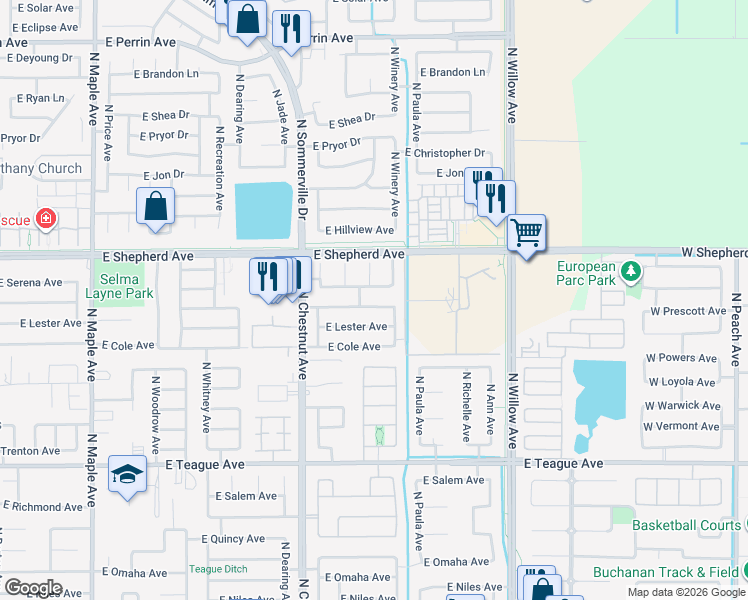 map of restaurants, bars, coffee shops, grocery stores, and more near 8893 North Laureen Avenue in Fresno
