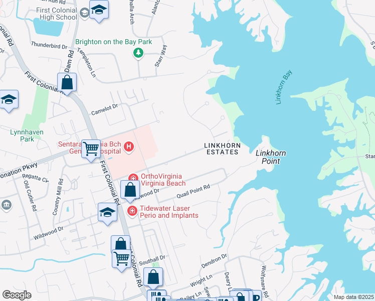 map of restaurants, bars, coffee shops, grocery stores, and more near 1648 Will O Wisp Drive in Virginia Beach