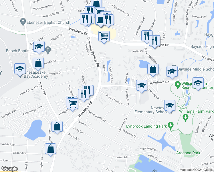 map of restaurants, bars, coffee shops, grocery stores, and more near 804 Newtown Road in Virginia Beach