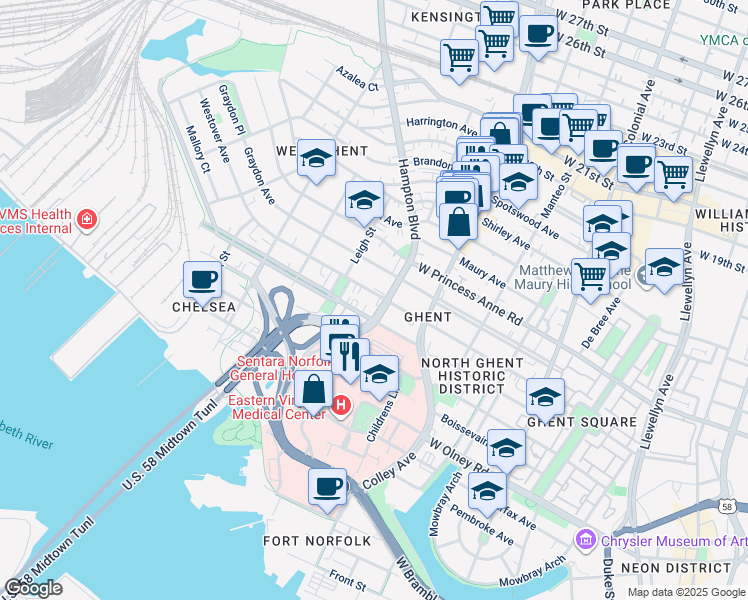 map of restaurants, bars, coffee shops, grocery stores, and more near 911 Westover Avenue in Norfolk