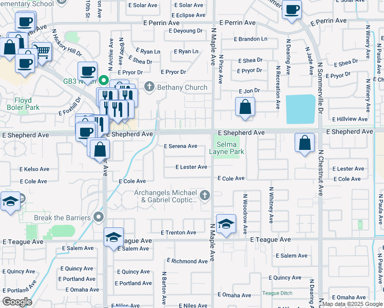 map of restaurants, bars, coffee shops, grocery stores, and more near 1879 East Serena Avenue in Fresno