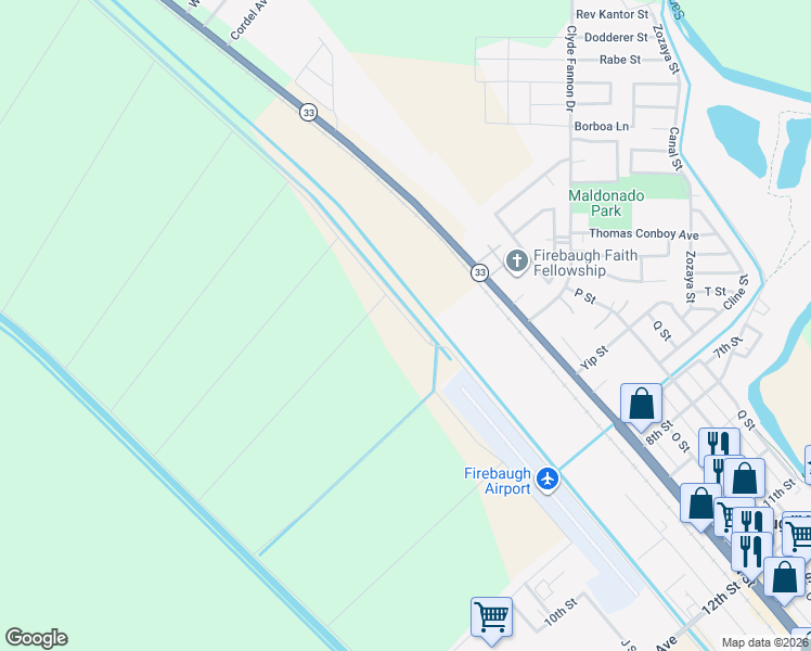 map of restaurants, bars, coffee shops, grocery stores, and more near in Firebaugh