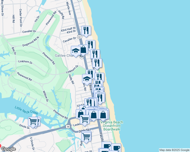 map of restaurants, bars, coffee shops, grocery stores, and more near 3737 Atlantic Avenue in Virginia Beach