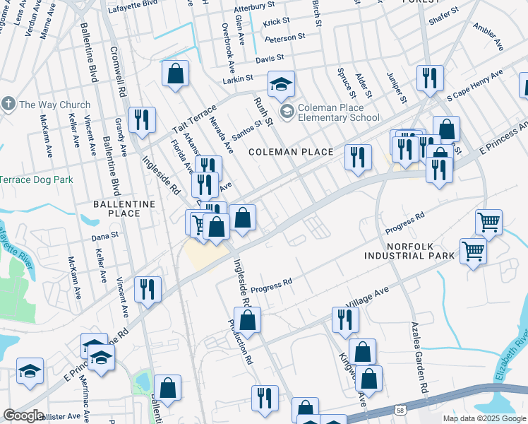 map of restaurants, bars, coffee shops, grocery stores, and more near 1536 Nevada Avenue in Norfolk