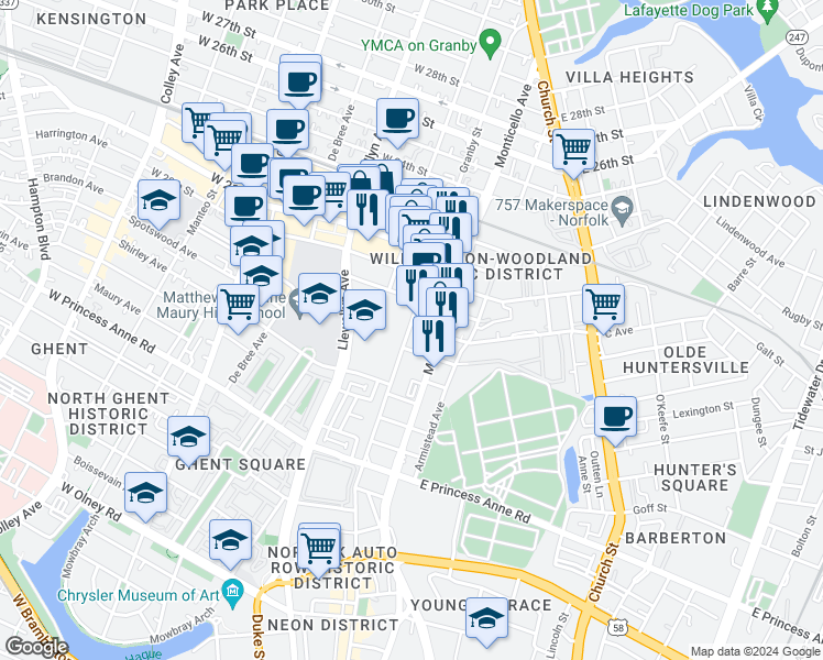 map of restaurants, bars, coffee shops, grocery stores, and more near 108 East 18th Street in Norfolk
