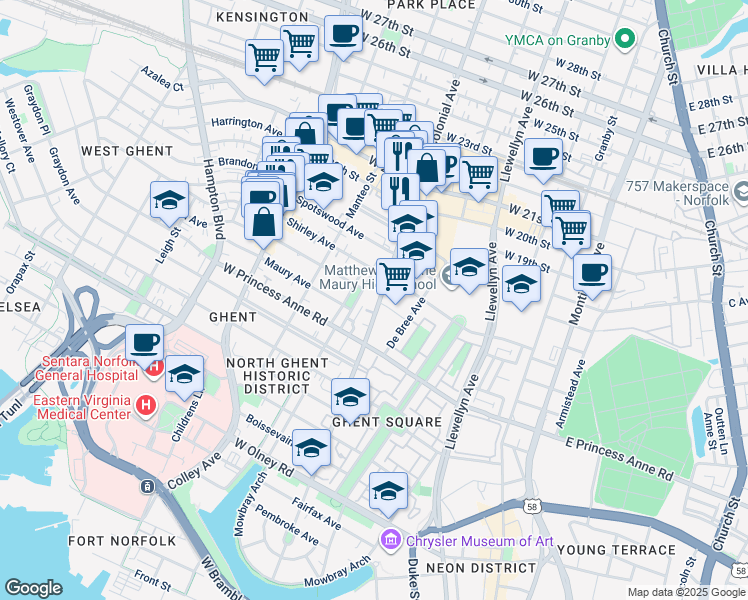 map of restaurants, bars, coffee shops, grocery stores, and more near 1310 Stockley Gardens in Norfolk