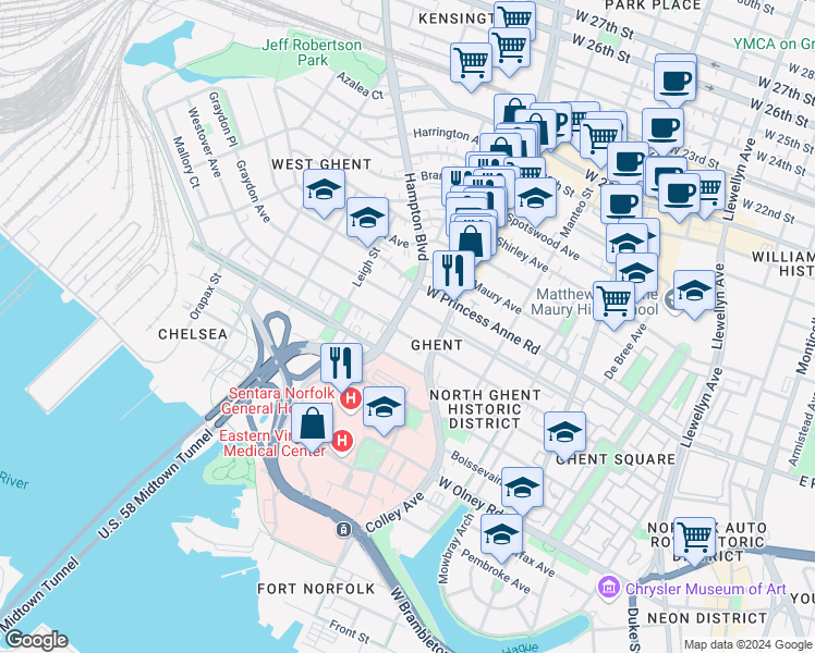 map of restaurants, bars, coffee shops, grocery stores, and more near 825 Graydon Avenue in Norfolk