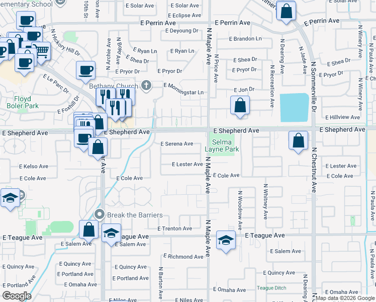 map of restaurants, bars, coffee shops, grocery stores, and more near 1879 East Serena Avenue in Fresno