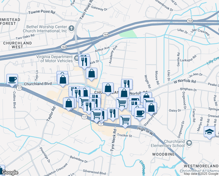 map of restaurants, bars, coffee shops, grocery stores, and more near 5910 West Norfolk Road in Portsmouth