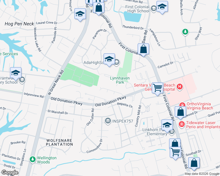 map of restaurants, bars, coffee shops, grocery stores, and more near 1828 Timberwood Lane in Virginia Beach