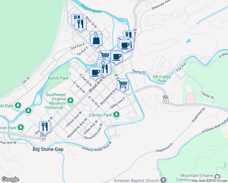 map of restaurants, bars, coffee shops, grocery stores, and more near 116 East 3rd Street South in Big Stone Gap
