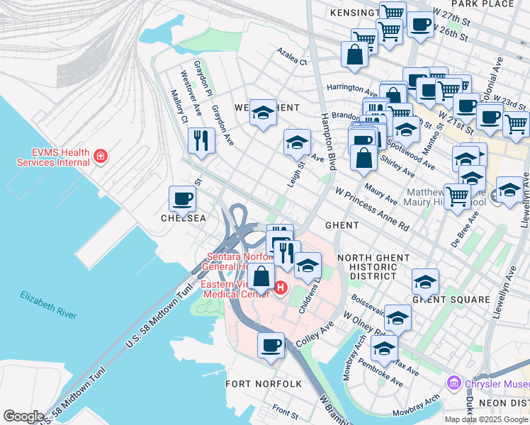 map of restaurants, bars, coffee shops, grocery stores, and more near 1015 Redgate Avenue in Norfolk