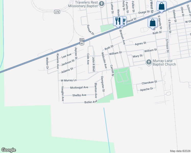 map of restaurants, bars, coffee shops, grocery stores, and more near 1300 West Murray Lane in Sikeston