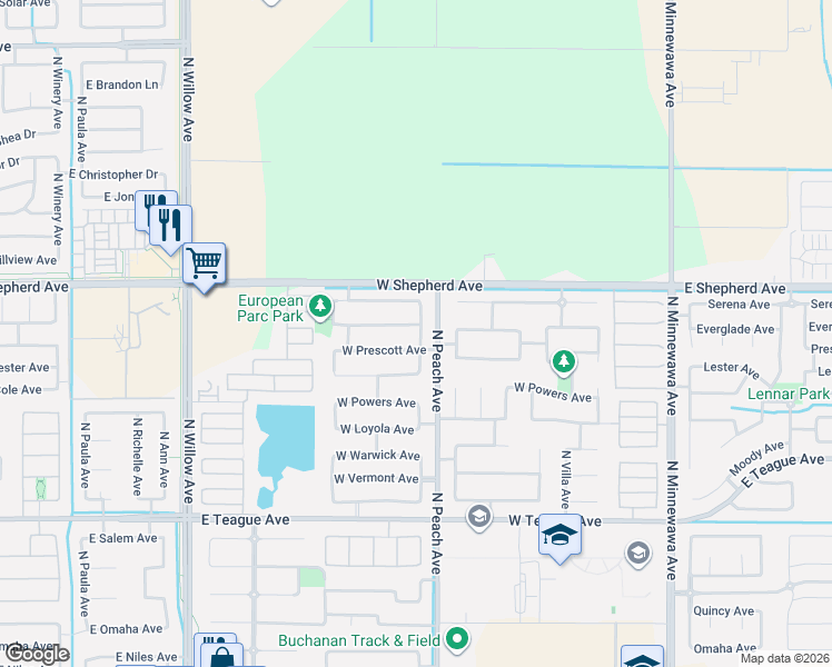 map of restaurants, bars, coffee shops, grocery stores, and more near 421 West Everglade Avenue in Clovis