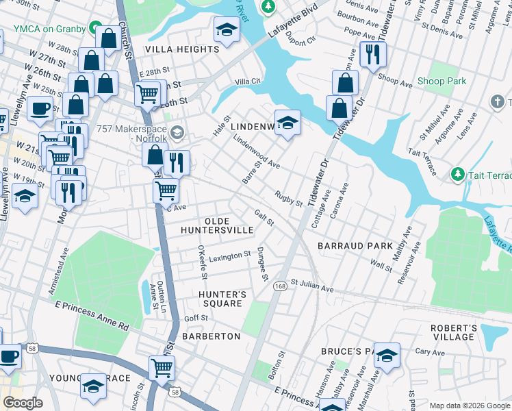 map of restaurants, bars, coffee shops, grocery stores, and more near 956 Galt Street in Norfolk